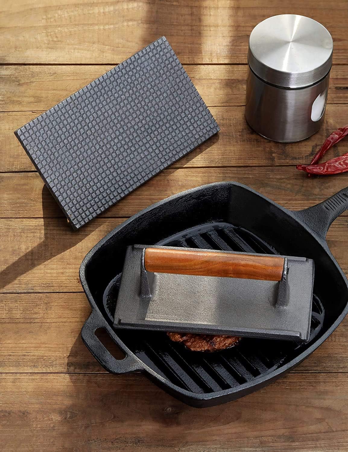 Rectangular Cast Iron Grill Press with Wooden Handle JTGP-455
